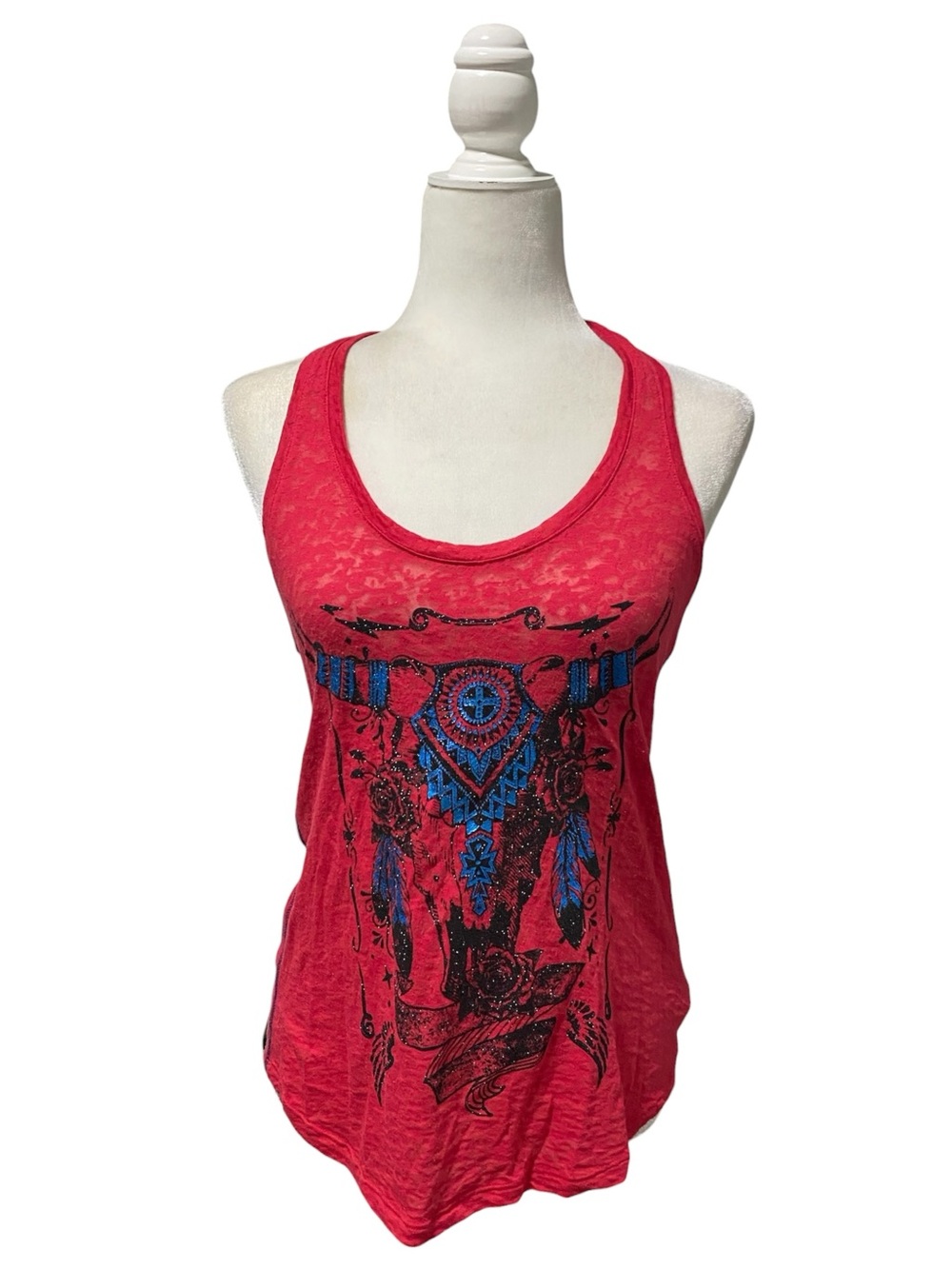 Rock & Republic Y2k Women's Size S Glitter Red Western Graphic Burnout Tank Top